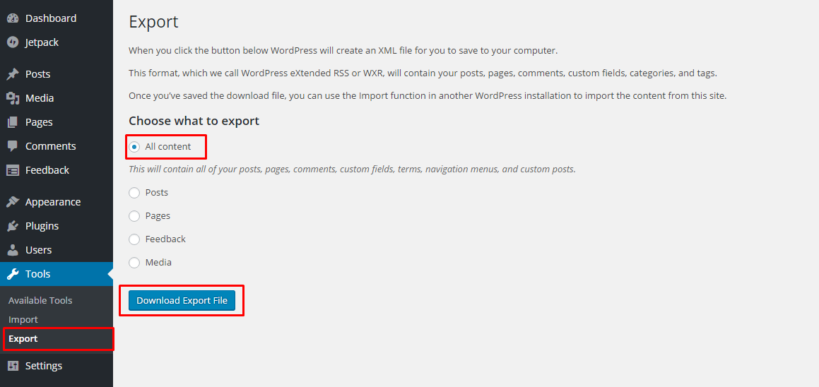 Export File WordPress